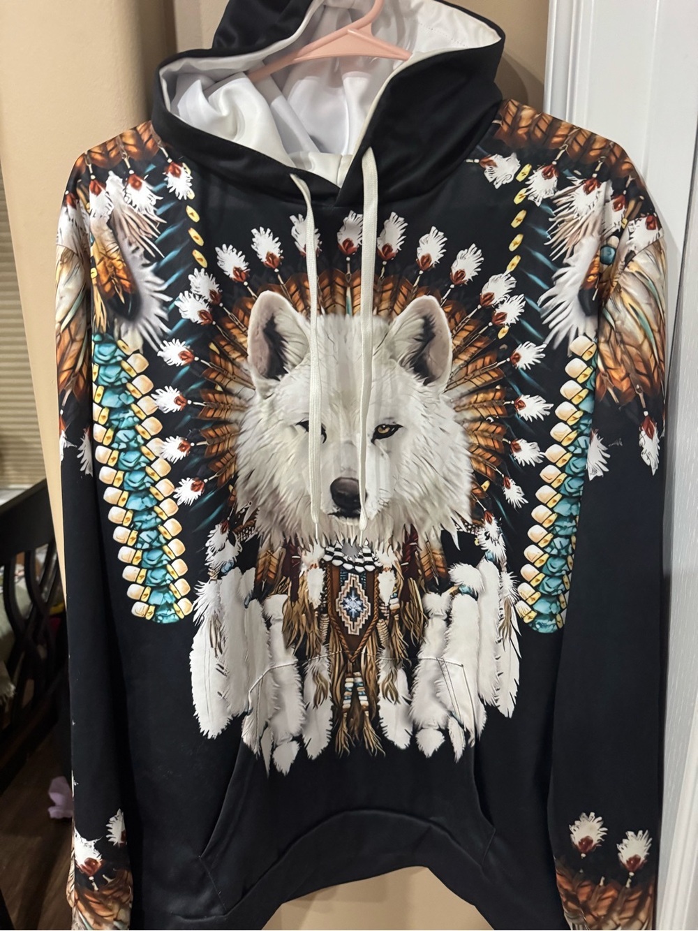 Men's Black Hoodie Sweater with White Wolf and Feather Print (CL-4)